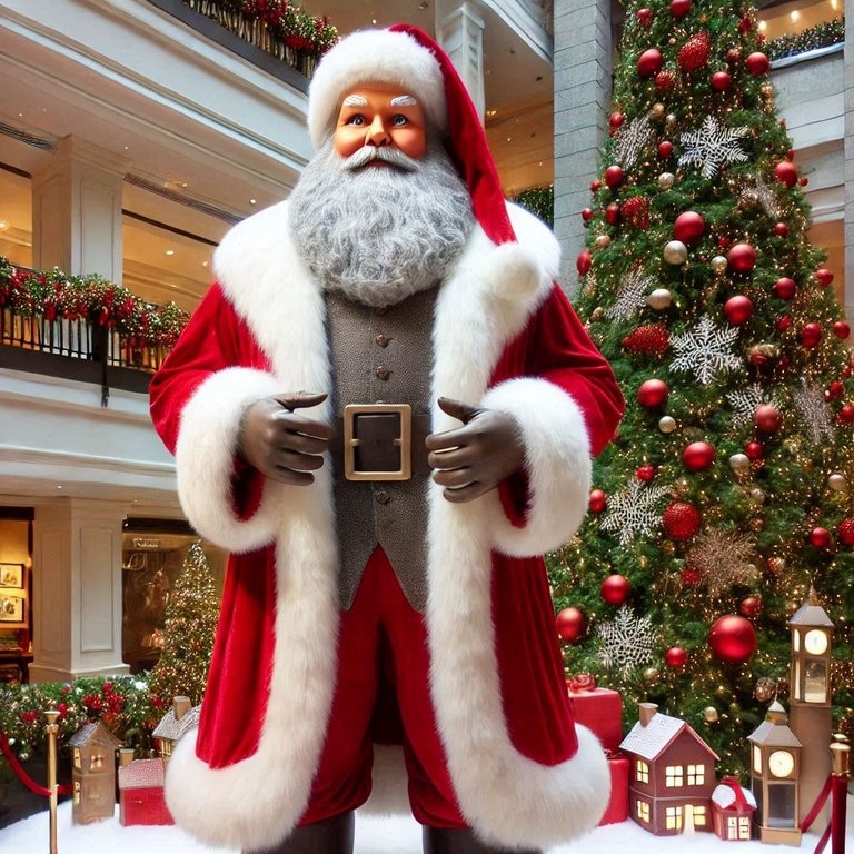 A complete Santa Claus figure, two meters tall, with a Christmas tree in the background, realistic and not robotic.png