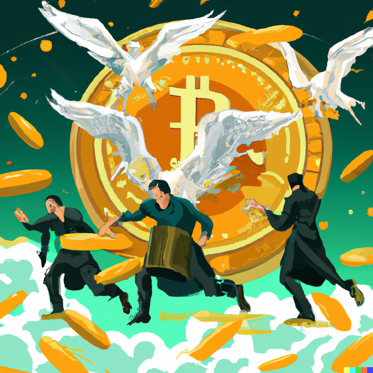 DALL·E 2023-07-25 17.28.30 - Visualize a chaotic scene in an old financial market full of frenzied traders, each clutching bright coins carrying the Bitcoin symbol. In the sky, Ic.png