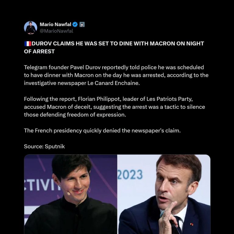 Macron: Arrest of Telegram CEO "in no way political decision". Mainwhile Zuckerberg leaking political censorship on Facebook 🤡