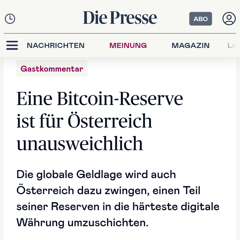 Austrian newspaper: "A Bitcoin reserve is inevitable for Austria" (Die Presse, 9.8.2025)
