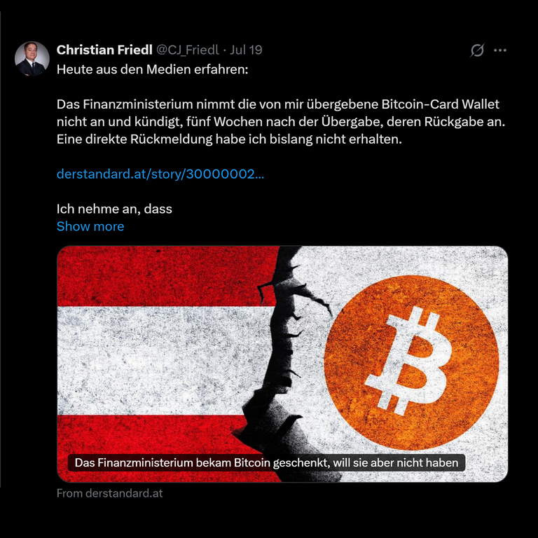 Someone donated Bitcoin to the Austrian treasury department in order to start a Bitcoin reserve. They refused the gift.