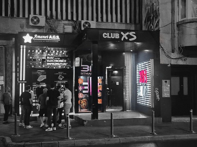 Bucharest at Night 🔥 Bitcoin ATM in front of a night club (strip club) in Bucharest, Romania.