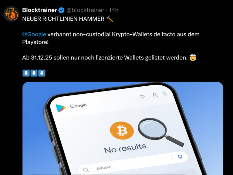 Is Google banning non-custodial (self-hosted) wallets from the Play Store? Custodial wallets are going to require a license in the US and EU to not get banned. Non-custodial wallets are not "in the scope" of the policy, replied Google.