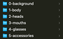 each folder contains a different number of layers that the computer assembles each time an NFT is created.