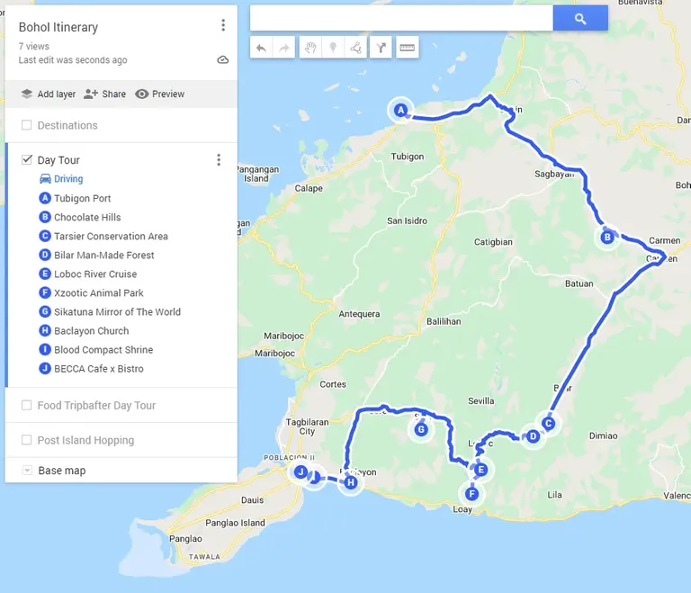 The initial itinerary I plotted using Google MyMaps.