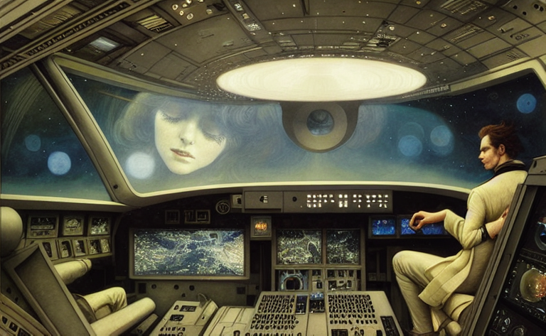 01904-3625669027-glenn gould piloting a spaceship, modern style, detailed face, by brad kunkle and John Bauer and Rebecca Guay, in front of an in.png