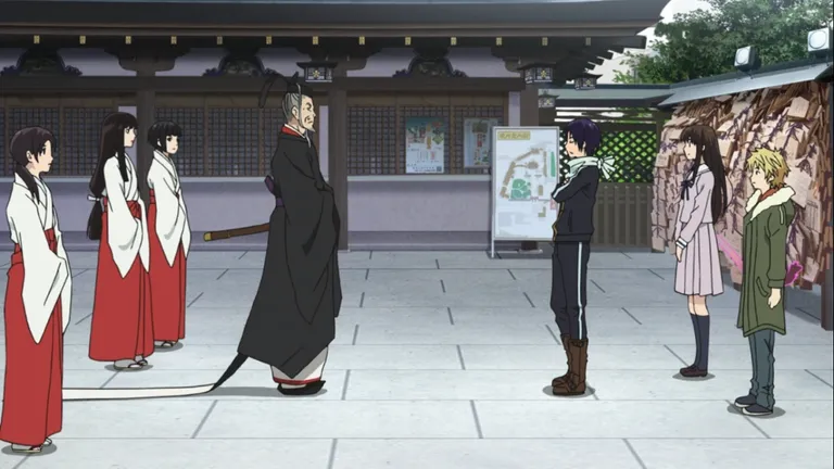 Yato, Hiyori and Yukine meeting up with another god