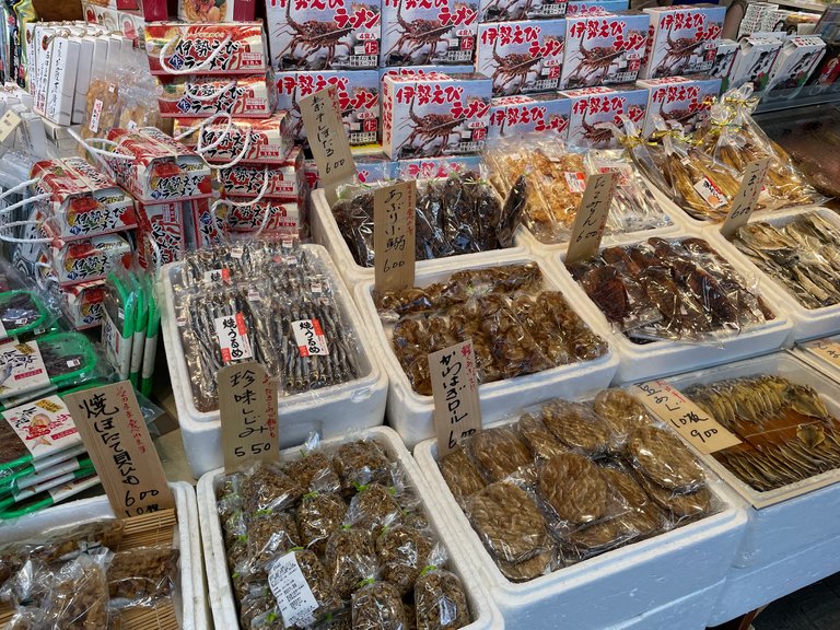 A bunch of seafood products