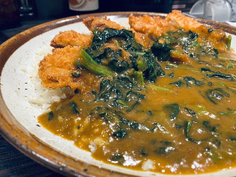 My paripari chicken and spinach curry topped with tonkatsu