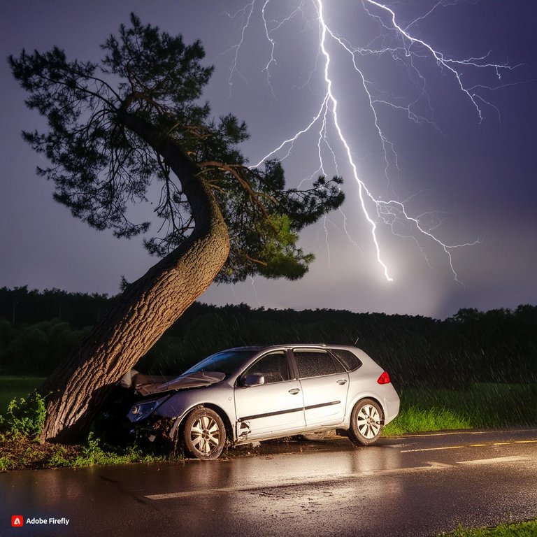 Firefly Auto chocado contra un árbol. Noche oscura y lluviosa. Carretera solitaria 54354.jpg
