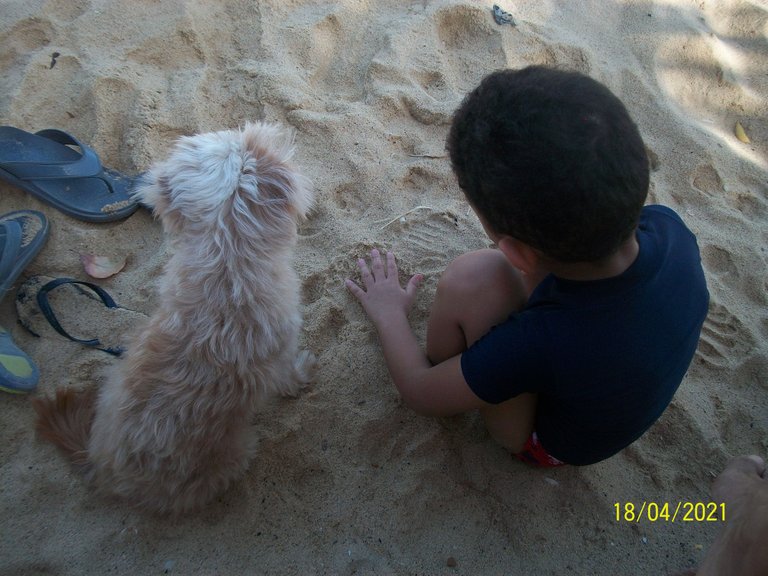 Honey en la playa con mi sobrino.JPG