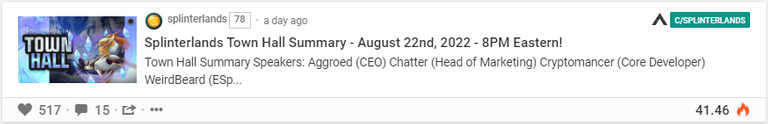 Splinterlands Town Hall Summary - August 22nd, 2022 - 8PM Eastern!
