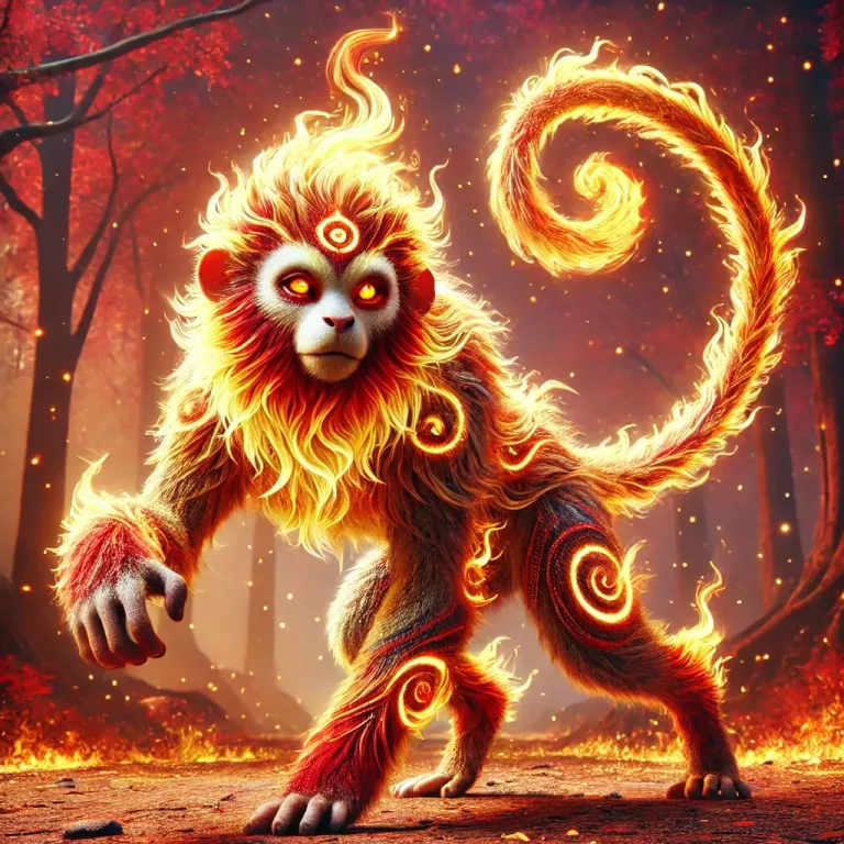 DALL·E 2024-12-17 15.21.40 - Create a 3D digital artwork of an original fire-themed monkey creature. The creature should have a dynamic and energetic pose, with flames coming from.webp