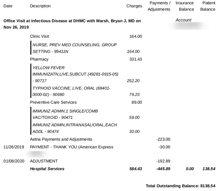 DHMC Travel Clinic Bill