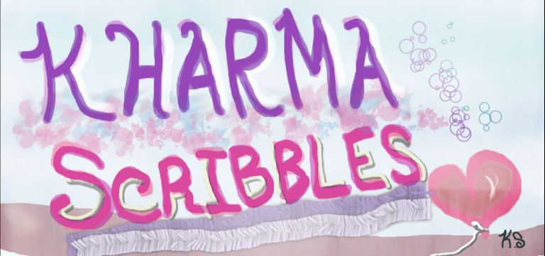 Banner design with bright happy colours, depicting my name "Kharma Scribbles" using different brush textures
