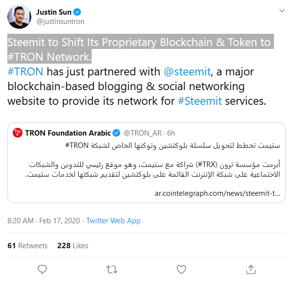 Screenshot_20200217 Justin Sun on Twitter Steemit to Shift Its Proprietary Blockchain amp; Token to TRON Network TRON h....png
