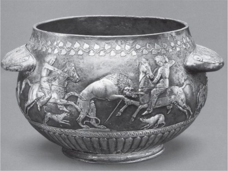 Silbernes Gefäß mit Darstellung von Skythen bei der Löwenjagd.- Kurgan-Solokha, 5.-4. Jahrhundert v.Chr.