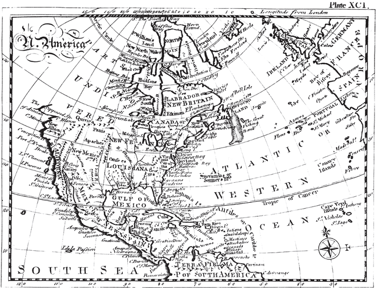 Nordamerika, Karte von 1771 - historische Ereignisse