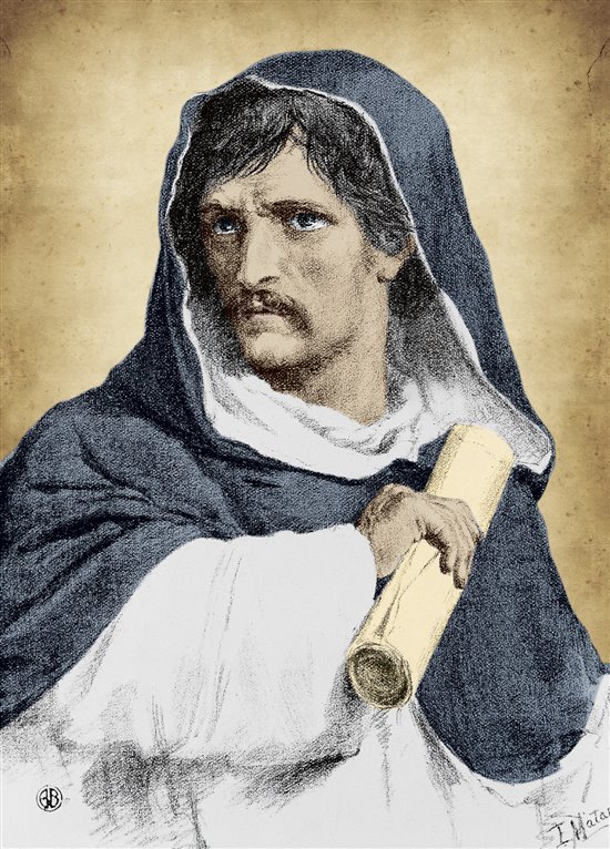 Filósofo, Astrónomo y Científico. Retrato de Giordano Bruno. Litografía realizada en el siglo XVI.