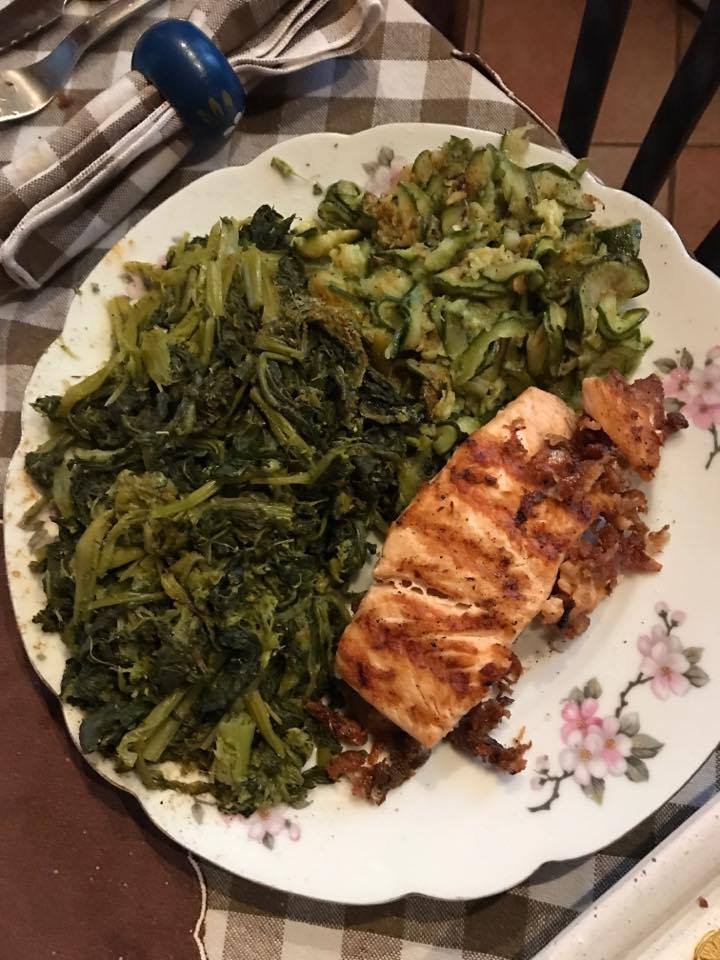 Ggrilled Salmon With Zucchini, Turnip Greens, Apple Cider Vinegar, Curcumin and Black Pepper