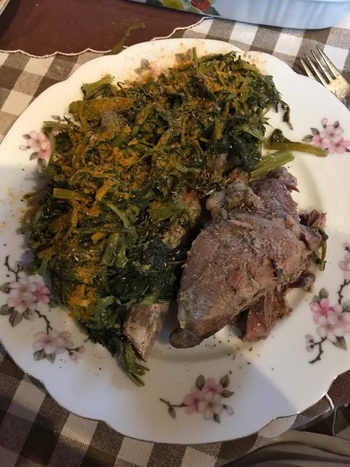 Boiled Beef With Turnip Greens, Vinegar, Curcumin, Black Pepper and Italian Herbs.