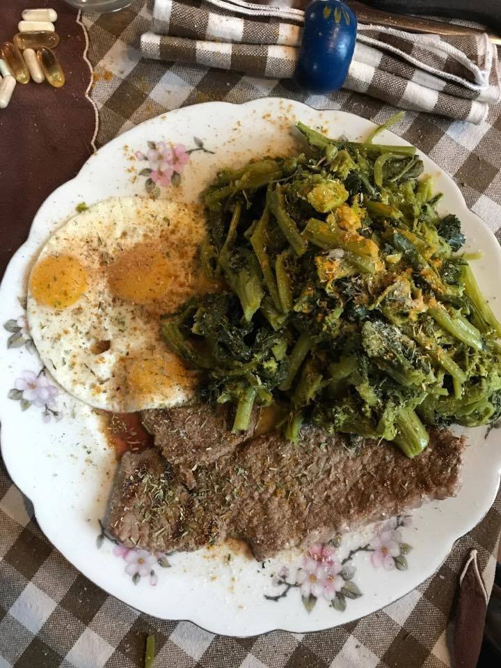 Sauteed Lean Beef Slices With Fried Quail Eggs, Turnip Greens, Curcumin, Black Pepper, Italian Herbs and Apple Cider Vinegar.