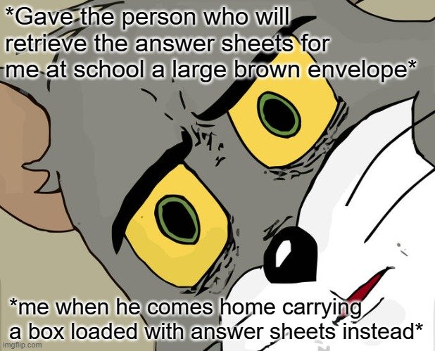 Someone left the house carrying an envelope, the same person bought home a carton full of answer sheets instead