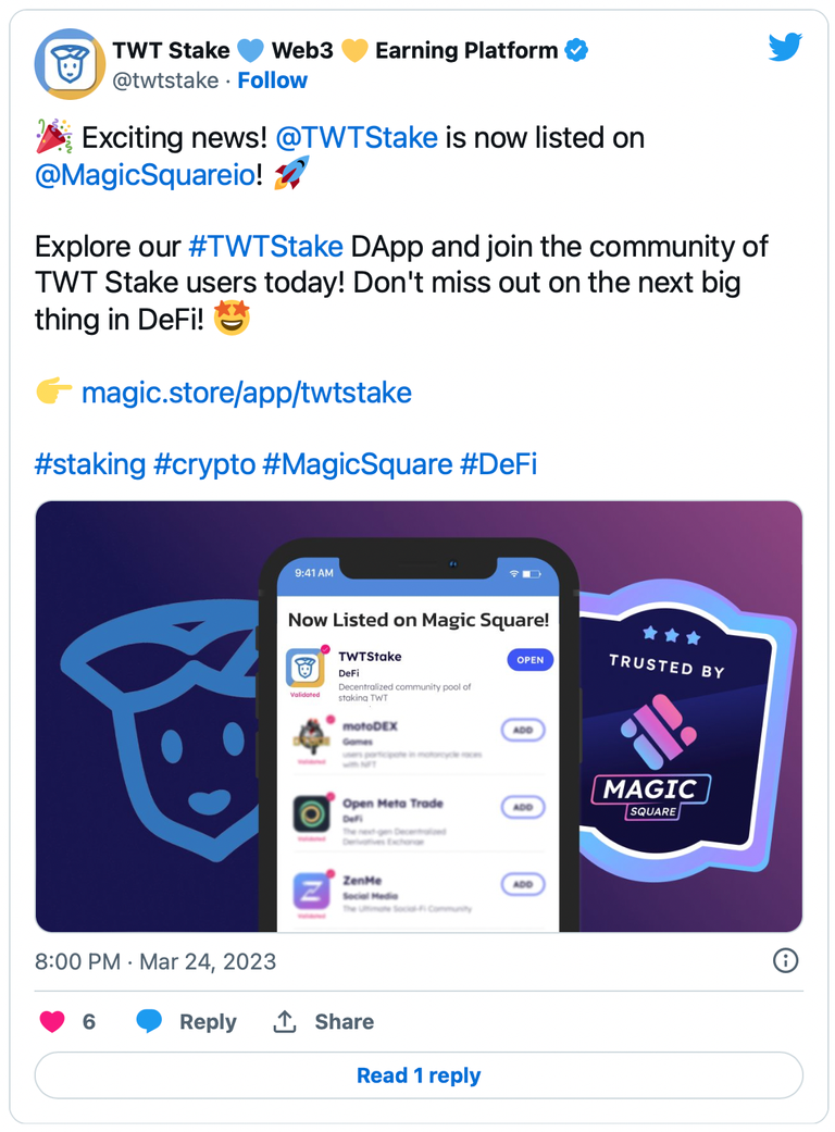 announcement tweet celebrating TWT Stake’s listing on Magic Square