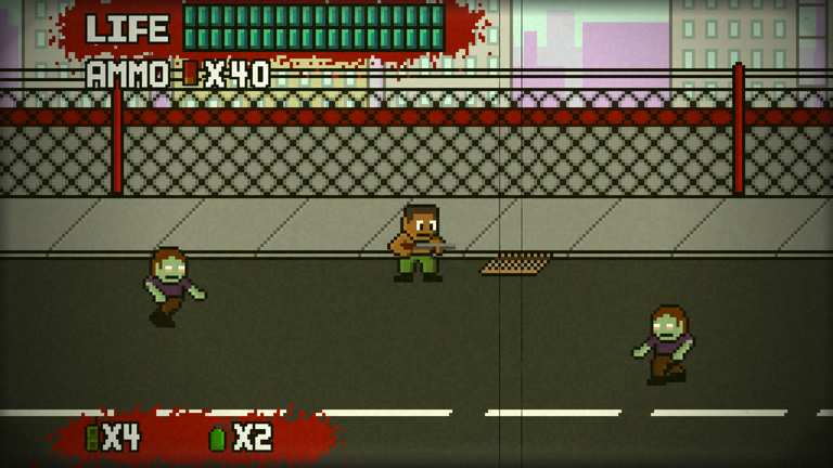 A pixelated shirtless man wielding a shotgun is flanked by two zombies