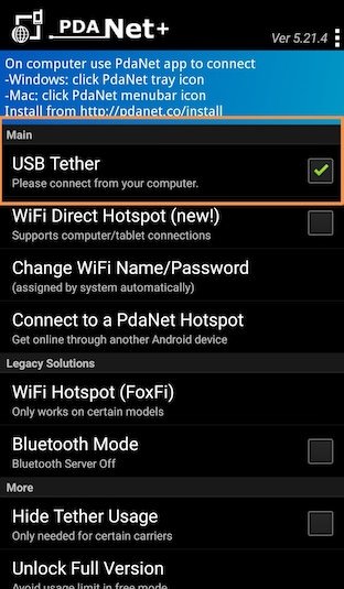 USB Tether Checkbox