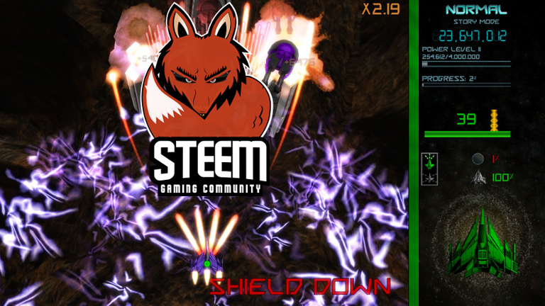 The Steem Gaming Compmunity logo superimposed over a Star Saviors enemy that's brought the player's shields down