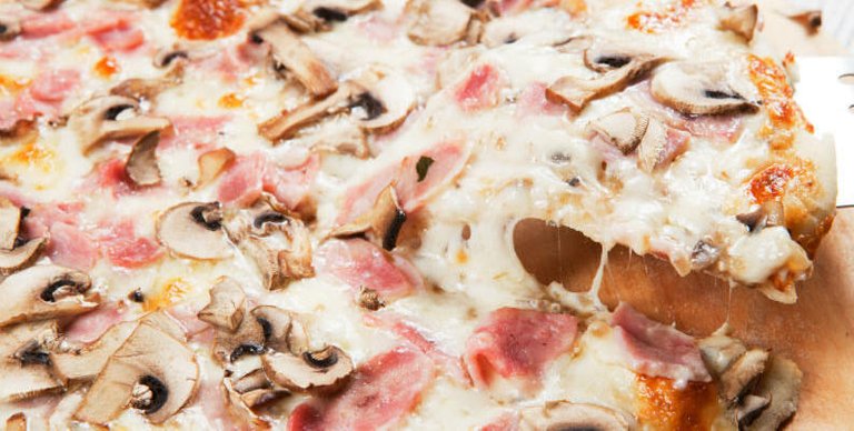 a bacon and mushroom pizza