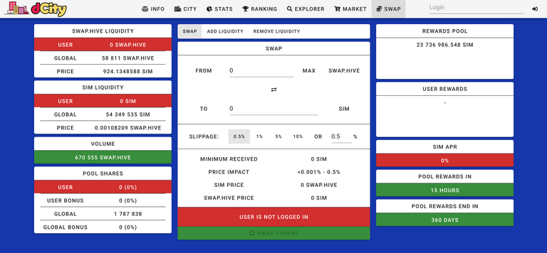 The dCity swap tab showing LP rewards.