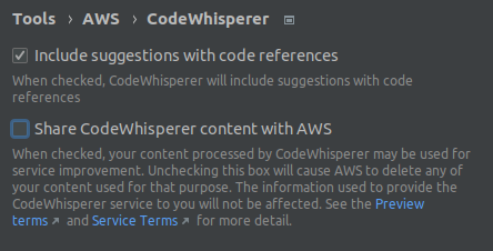 CodeWhisperer settings in IntelliJ