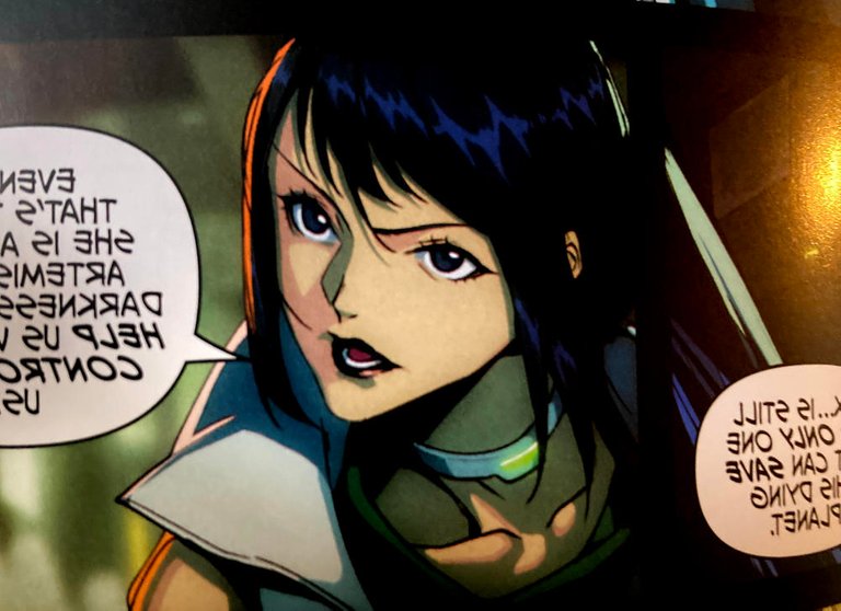 Photo of a panel late in the Artemis comic showing the character Cece