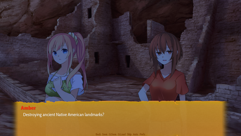 In a cave with ruined pueblos at night, Amber remarks to Marina about destruction of Native American landmarks