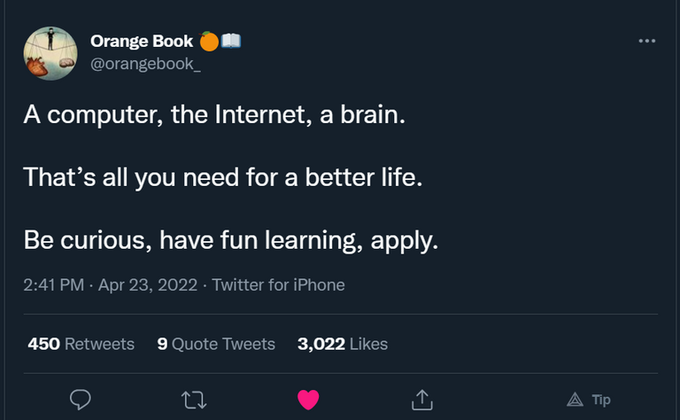 1 Orange Book 🍊📖 on Twitter_ _A computer, the Internet, a brain. That’s all you need for a better life. Be curious, have fun learning, apply._ _ Twitter  Brave 4_24_2022 2_25_17 PM.png