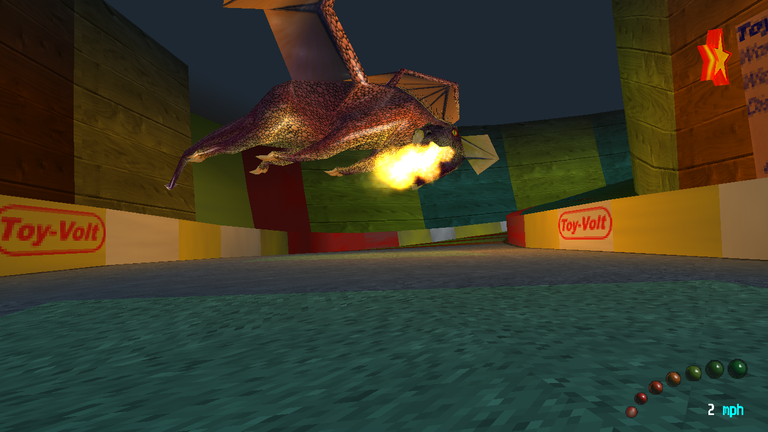 Toy World 2 level, from "driver" perspective, dragon prop spews fire