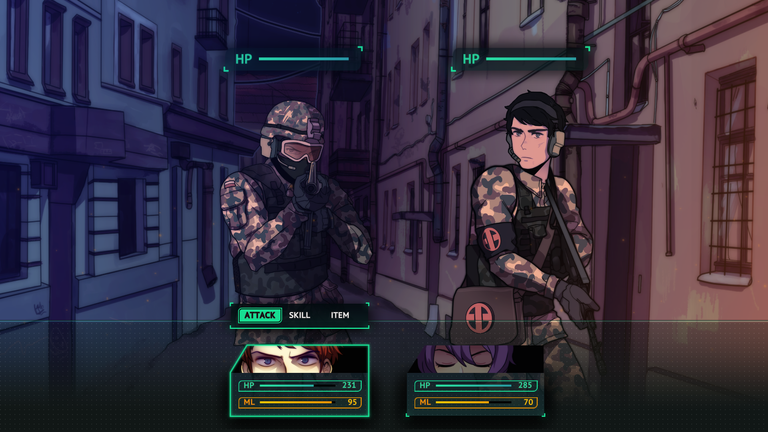A helmeted soldier and a medic with Geneva Convention-compliant armband and satchel face the camera as the player selects "Attack" for the character Rourke