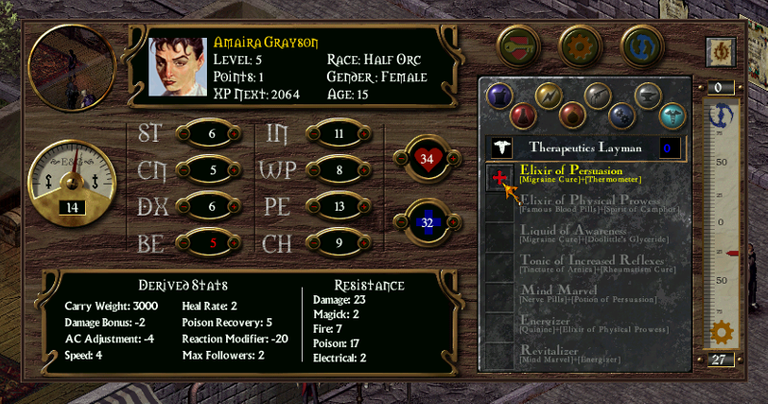 The Arcanum level-up screen, with "Therapeutics" advancement selected