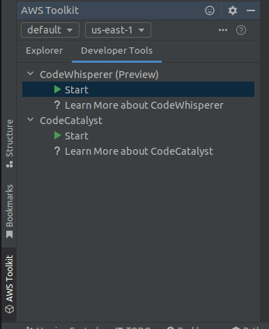 A screenshot showing the lower left corner of IntelliJ where AWS Toolkit is open showing Developer Tools and allowing starting of the CodeWhisperer