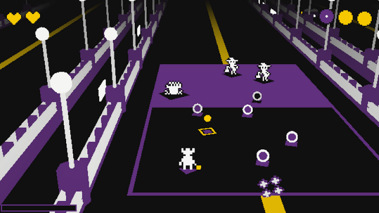 The outline of a tennis court overlays a darkened highway. The horn-headed figure of the player volleys a yellow orb at three opponents--two hat-wearing figures scratching their behinds, and some sort of mangled disembodied hand--who in turn shoot black and purple spheres back