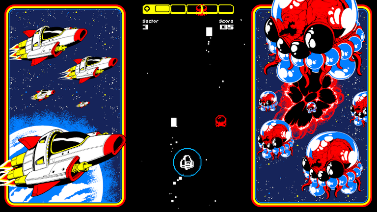 A simple pixel spaceship surrounded by a protective bubble shoots at jellyfish-like space invaders. The action is framed by panels of the scene represented in a comic book style