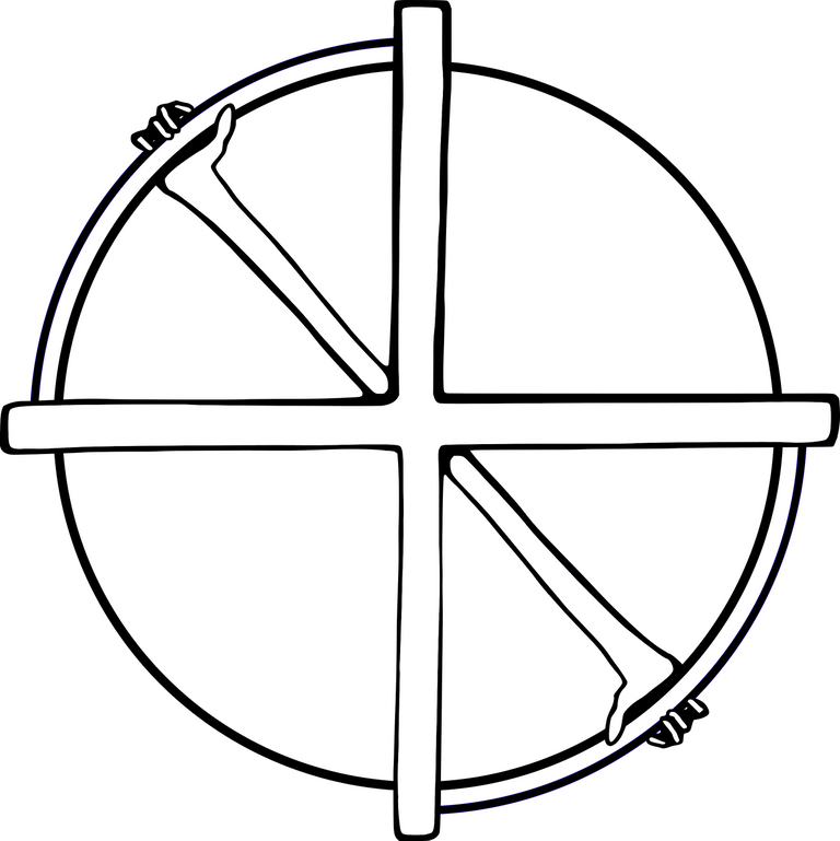 Vector image of a cross inside of a circle, with two arms coming from the axis of the cross, hands gripping the outside of the wheel