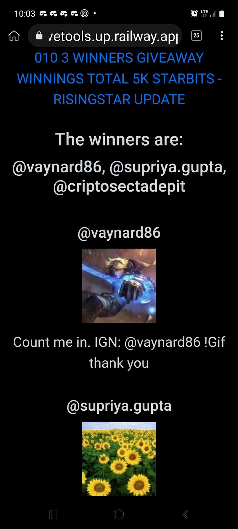 last week's winners
