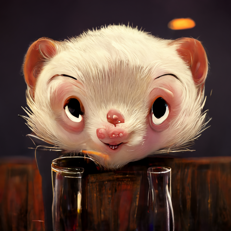 pixar alcoholic ferret, character concept art, dingy tavern, big cute eyes