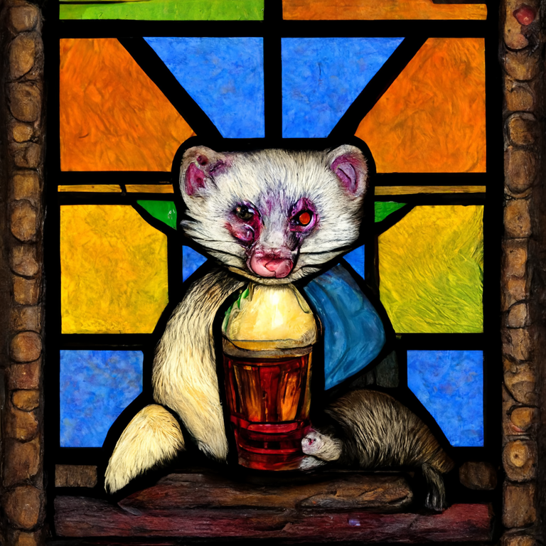 stained glass alcoholic ferret in a tavern