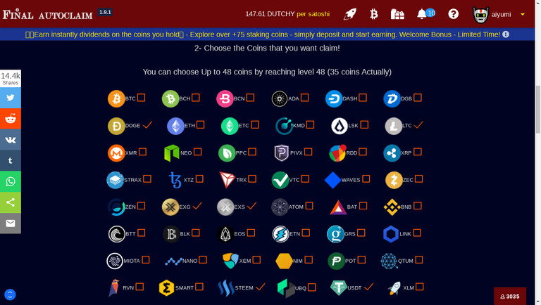 Selecting the coins to claim