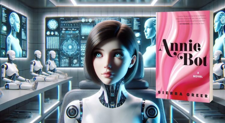A lifelike female robot with short dark hair and blue eyes, sitting in a futuristic lab surrounded by other identical robots in various states of assembly. Digital screens displaying advanced data and holograms are in the background, highlighting the high-tech environment. The book cover for "Annie Bot" by Sierra Greer is prominently featured on the right side, showcasing its pink design. This image emphasizes themes of artificial intelligence, robotics, and advanced technology, central to the novel "Annie Bot."