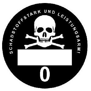 Feinstaubplakette schwarz 'Schadstoffstark und leistungsarm'